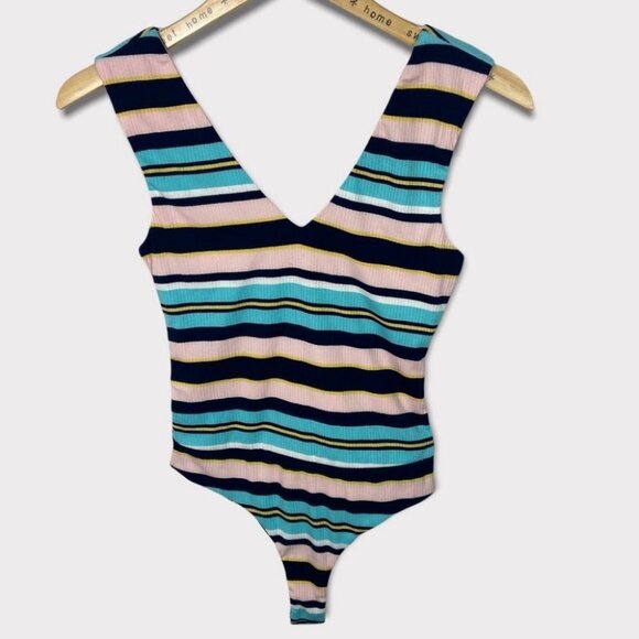 NEW Nordstrom AFRM Striped Bodysuit Double V Mooni Light‎ Pastel Pink Blue NWOT - Picture 3 of 16